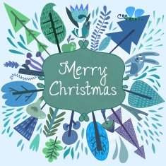 Merry christmas card with forest elements - bird mushrooms tre