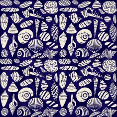 Sea shells and rocks seamless pattern on dark blue background