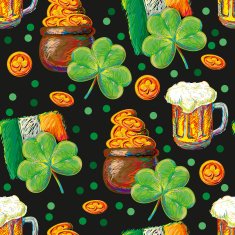 Seamless pattern with green clover pot coins Irish beer N2