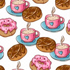 Seamless background with cup of coffee and donuts