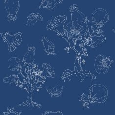 Flowers on trees Blue and white seamless hand-drawn pattern