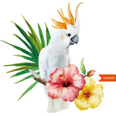 white parrot hibiscus tropical palm trees flowers pattern wallpaper