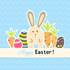 Easter blue card with carrots and rabbit