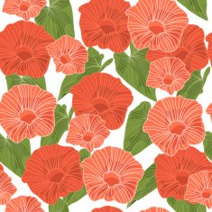 Seamless background with green leaves and pink flowers Vector illustration