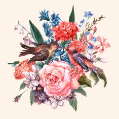 Floral Bouquet with roses hyacinths birds
