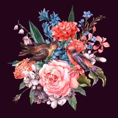 Floral Bouquet with roses hyacinths birds N2
