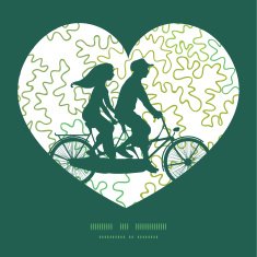 Vector curly doodle shapes couple on tandem bicycle heart silhouette
