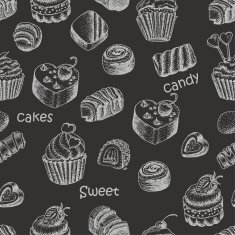 Seamless pattern with sweet cakes and candy on a black N2