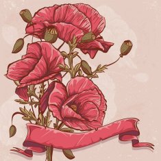 Greeting card with red poppies and ribbons