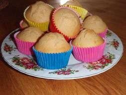 Muffins in colorful paper on a plate