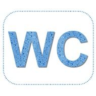 wc, blue lettering with drops of water, public toilet, sign