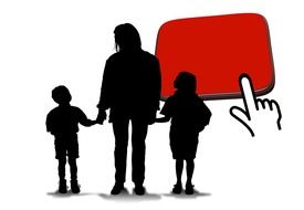 man with children and red button drawing