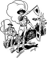boy scout pointing with flags, vintage drawing