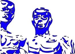 Blue and white drawing of guys