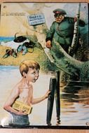 vintage drawing on metal plate, child boy with box in pond and policeman