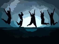 silhouettes of jumping people on a gray background