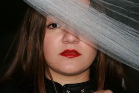 girl with brown eyes is covered with a white veil