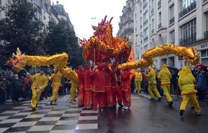 people in colorful costumes celebrate the Chinese New Year on the streets of Paris in France