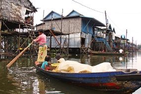 Residents of a floating village in a boat in Cambodia