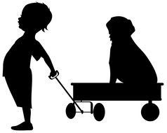 boy and dog on wheels as a black silhouette