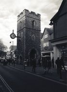 clock on the city tower in black-white background