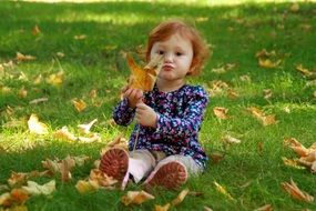 baby girl playing with yellow autumn leaves