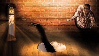 man bursting through brick wall, digital art