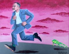 painted man runs away from the frog