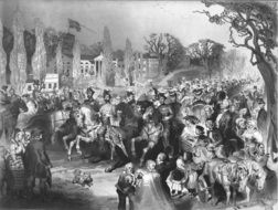 army parading in town, black and white historic artwork