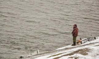 fisherman on the banks of the Volga in winter