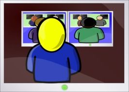 screen with drawn man looking at monitors