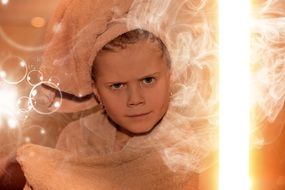 Blonde girl face view evil light