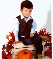 child boy sits among colorful autumn leaves at white wall background, digital art