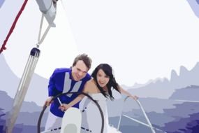 couple driving a yacht drawing