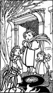 black and white graphic image of a child, mother and nanny