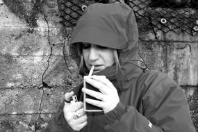 smoking girl black and white portrait