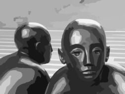 two human heads, black sculpture, digital art