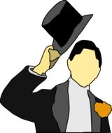 man in tuxedo holding topper hat up, groom, illustration