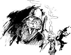 old man with candle, black and white vintage illustration