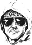 black and white drawing of a man’s head in a hood and in sunglasses
