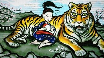 graffiti tiger and girl drawing