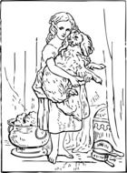 Black and white drawing of the girl bathing with cute dog