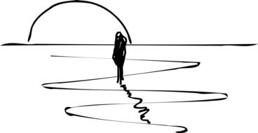 person walking through water at sunset, drawing