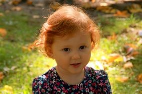 innocence in the face of russet baby girl on the background of autumn nature