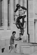 black and white photo of street performers