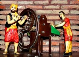 hindu people at work, colorful vintage figures