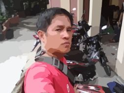 man with backpack at bike, digital art