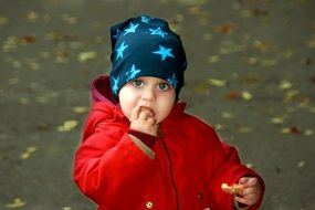 a hungry child eats cookies in the park