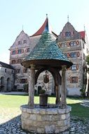 stone fountain and historically castle from middle ages