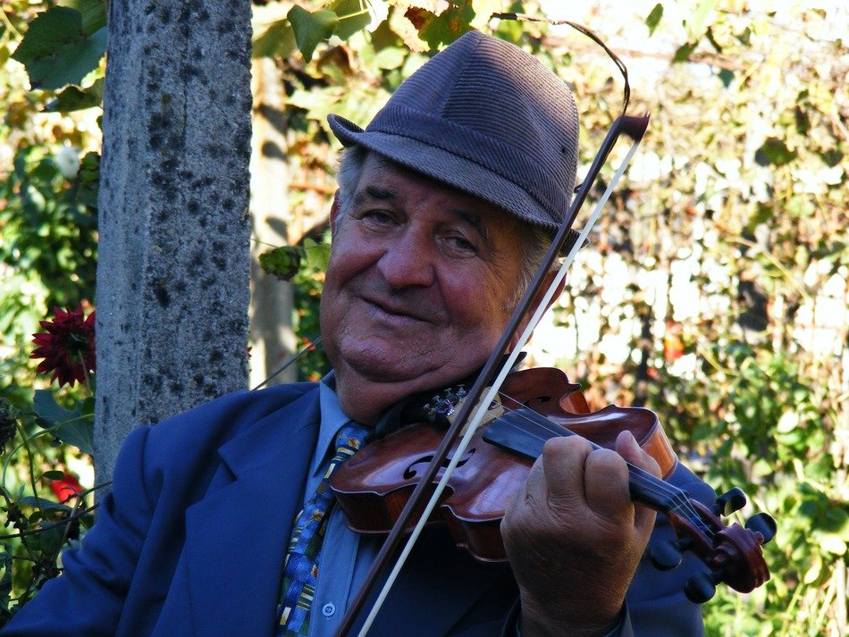 Old gypsy with a violin on the nature
